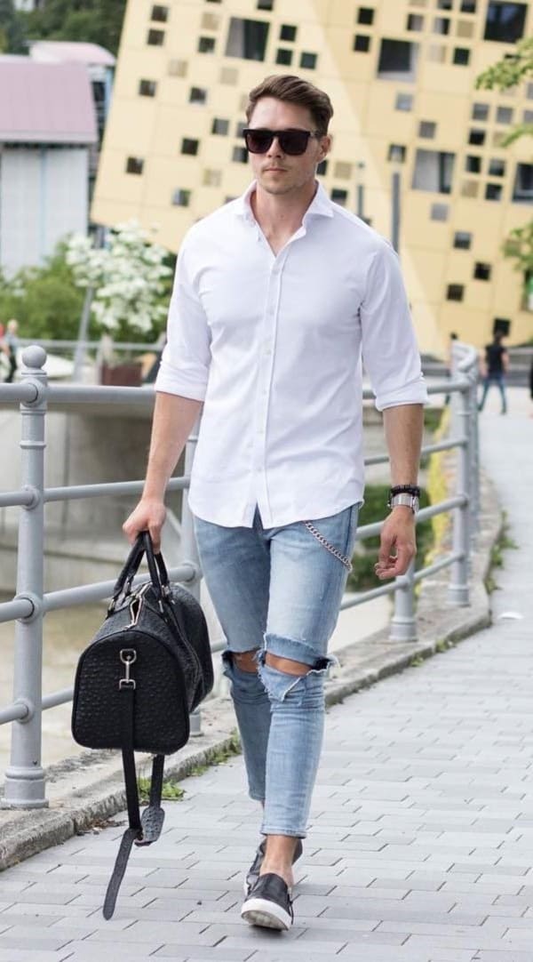 white shirt and sky blue jeans