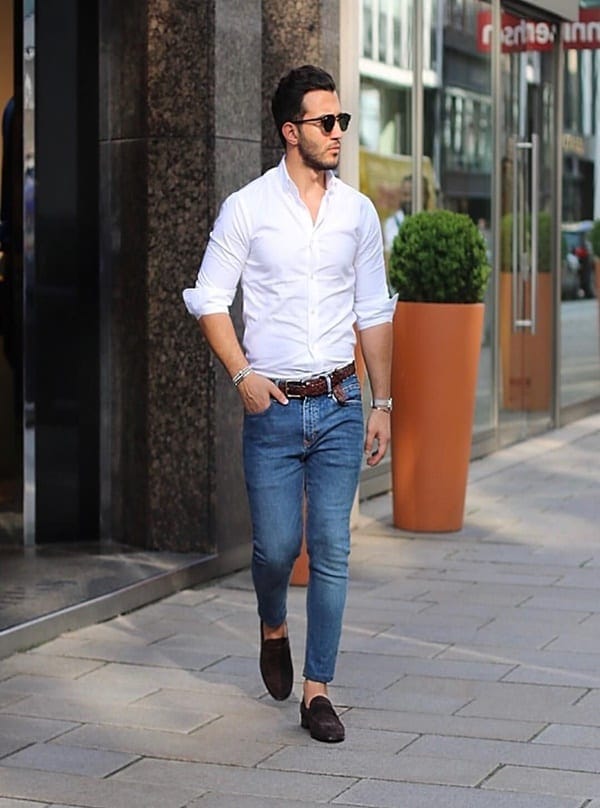 white shirt and blue jeans male