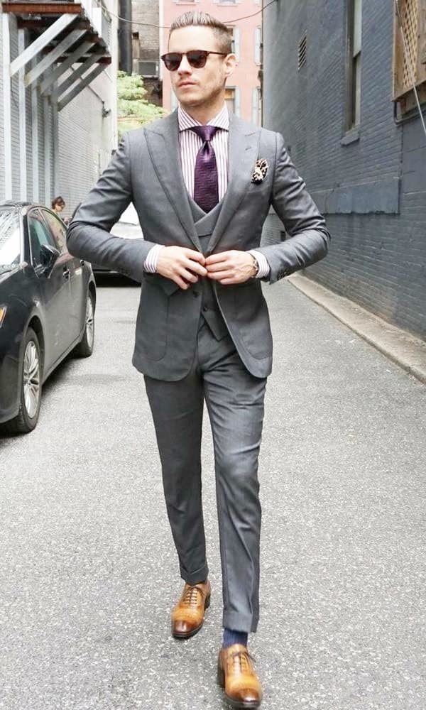 Grey Suit Brown Shoes Pink Tie