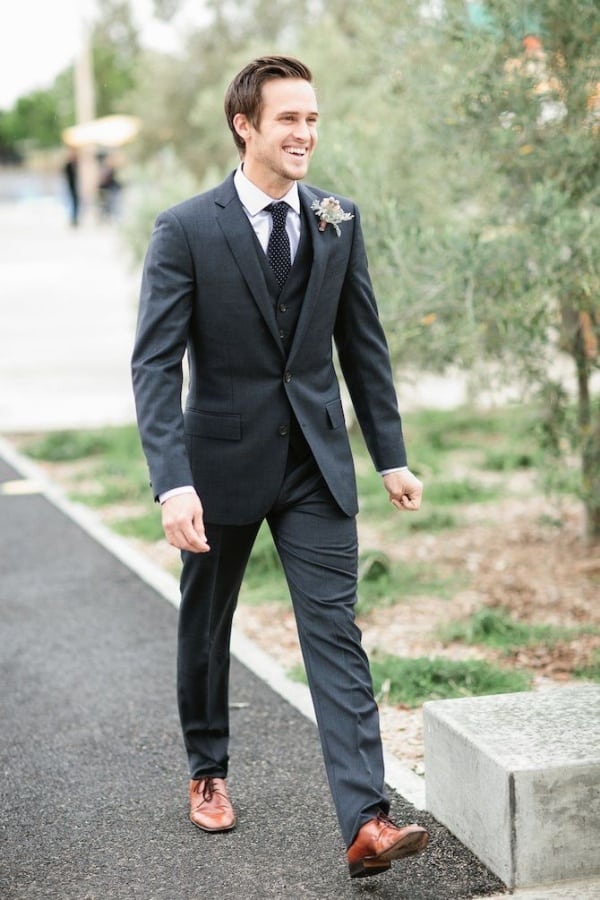 dark grey suit with black shoes