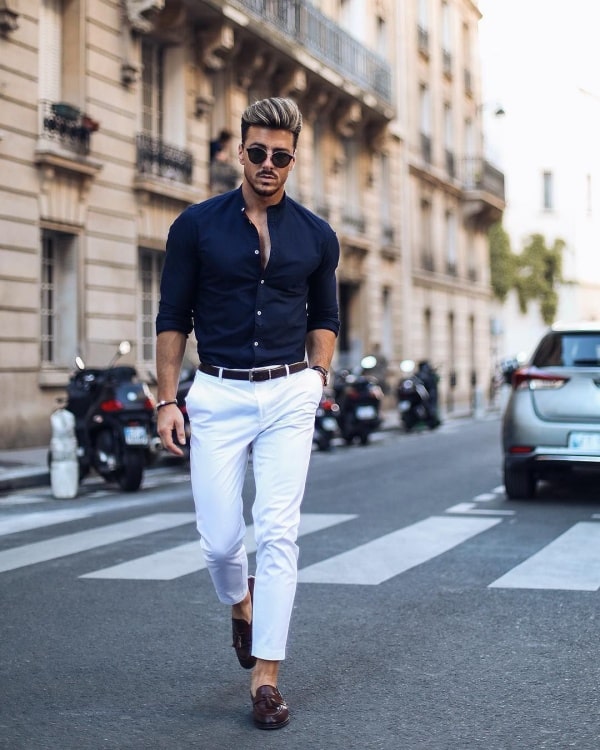 Do navy blue shirts and white pants look good together? - Quora