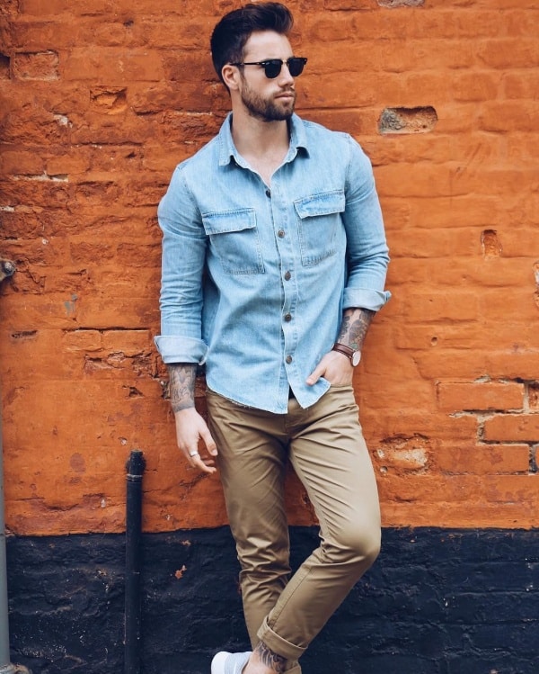 what trousers to wear with denim shirt