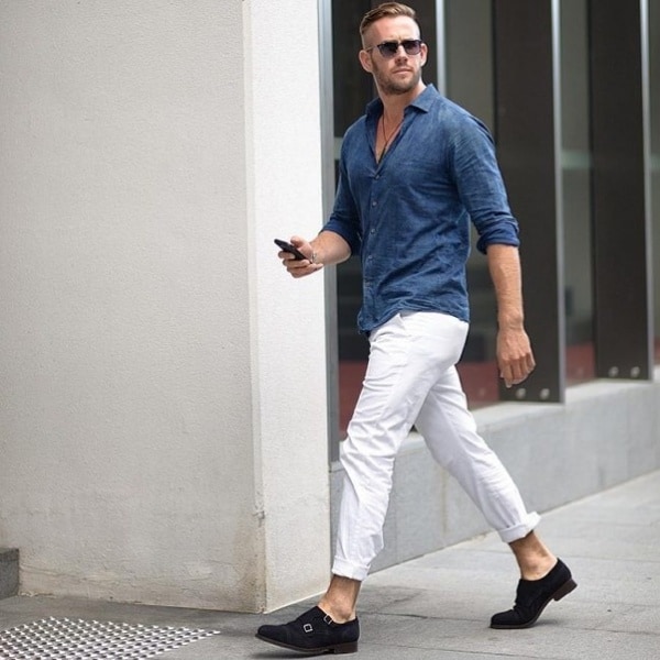 denim shirt with white jeans