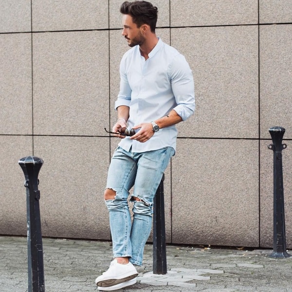 white shirt blue trouser combination