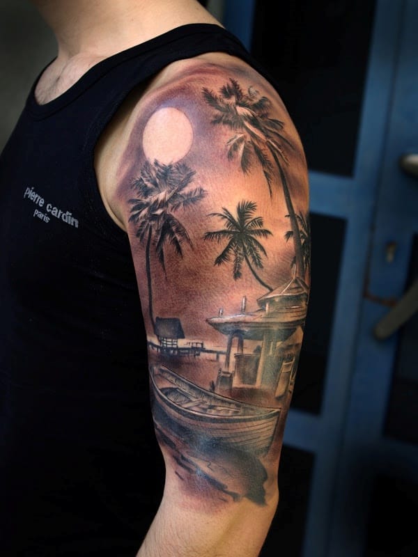 Black Ink Palm Tree Tattoo On Left Arm Sleeve
