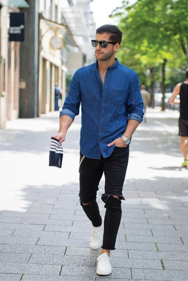 outfits with dark blue jeans men
