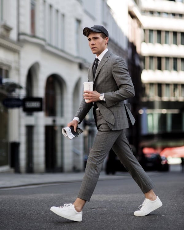 grey suit white trainers