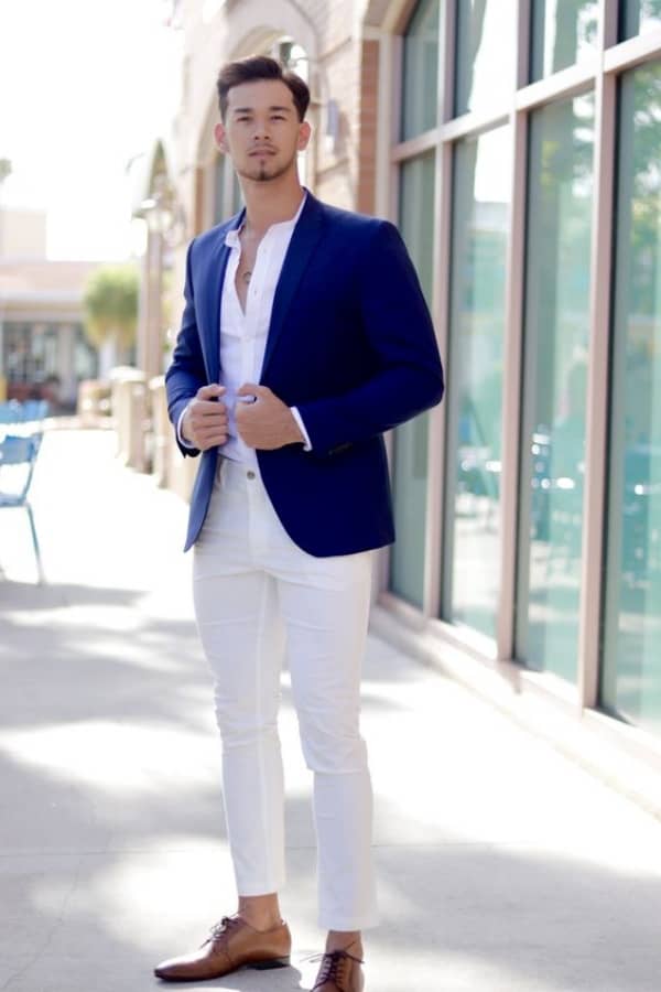 Printed White Shirt Blue blazer and trouser outfit ideas for men  Best  Fashion Blog For Men  TheUnstitchdcom
